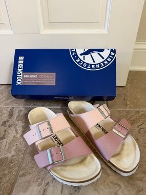 Birkenstock CALIA Pink Arizona Two-Strap Sandals, Size 38